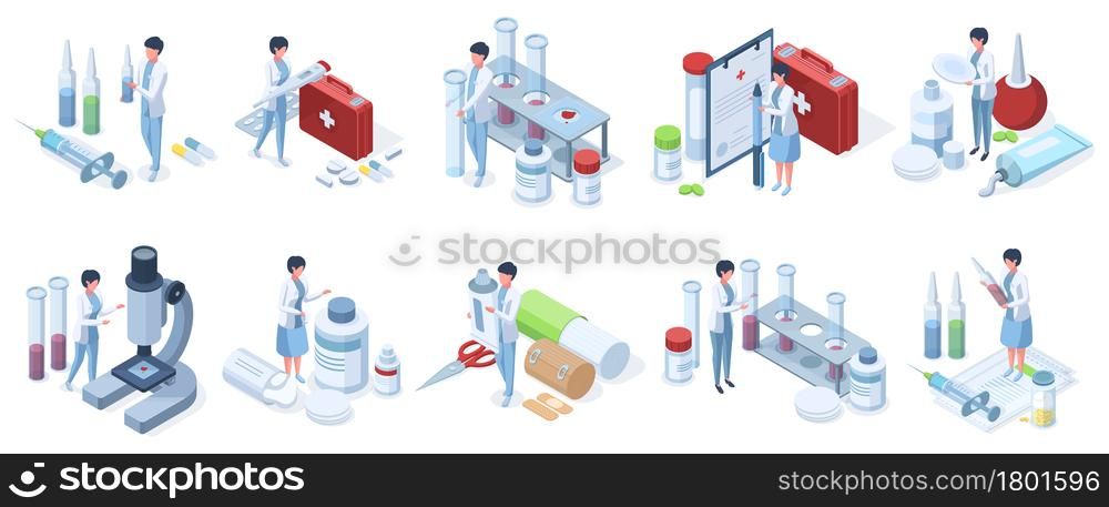Isometric doctors work pharmacy industry, laboratory research. Healthcare, medical service, pharmacy research characters vector illustration set. Clinic medicine concept. Scientists with chemicals. Isometric doctors work pharmacy industry, laboratory research. Healthcare, medical service, pharmacy research characters vector illustration set. Clinic medicine concept