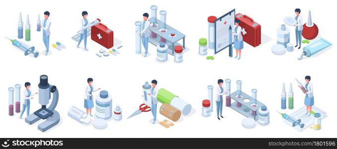 Isometric doctors work pharmacy industry, laboratory research. Healthcare, medical service, pharmacy research characters vector illustration set. Clinic medicine concept. Scientists with chemicals. Isometric doctors work pharmacy industry, laboratory research. Healthcare, medical service, pharmacy research characters vector illustration set. Clinic medicine concept