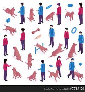 Isometric dog training cynologist set with isolated icons of toys barriers and human characters educating dogs vector illustration. Isometric Dog Training Set