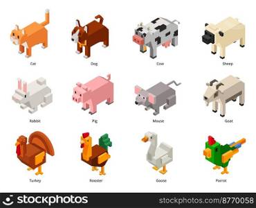 Isometric domestic animals. Low poly pets and farm birds. Squared cat, polygonal dog and voxel rabbit 3D cartoon vector set of domestic farm isometric illustration. Isometric domestic animals. Low poly pets and farm birds. Squared cat, polygonal dog and voxel rabbit 3D cartoon vector set