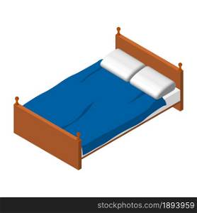 Isometric Double Bed. Brown wooden bed, white mattress and pillow. Blue blanket. Bedroom furniture. Vector EPS10.