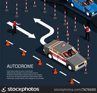Isometric driving school composition with view of drive exercise area with barriers arrows and editable text vector illustration