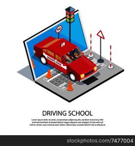 Isometric driving school online training composition with editable text description and images of computer and car vector illustration