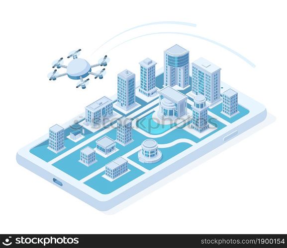 Isometric drone aerial delivery, quadcopter digital innovation concept. Flying logistics quadcopter, delivery drone transportation vector illustration. Modern city concept aerial delivery isometric. Isometric drone aerial delivery, quadcopter digital innovation concept. Flying logistics quadcopter, delivery drone transportation vector illustration. Modern city concept