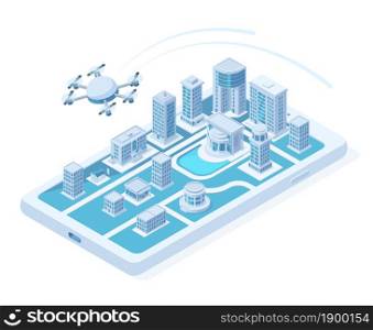Isometric drone aerial delivery, quadcopter digital innovation concept. Flying logistics quadcopter, delivery drone transportation vector illustration. Modern city concept aerial delivery isometric. Isometric drone aerial delivery, quadcopter digital innovation concept. Flying logistics quadcopter, delivery drone transportation vector illustration. Modern city concept