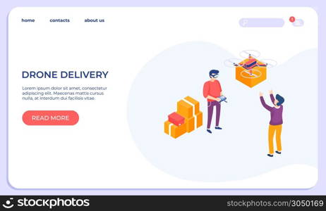 Isometric drone delivery service. People use VR headset. Virtual reality express delivery cardboard box with goods from store concept. 3d vector isometric landing page. Isometric drone delivery service. People use VR headset. Virtual reality delivery concept. 3d vector isometric landing page