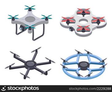 Isometric drone. Unmanned aircrafts with camera for monitoring or video filming. Flying remote quadcopter with propellers. Modern air delivery transport, automatic device isolated vector set. Isometric drone. Unmanned aircrafts with camera for monitoring or video filming. Flying remote quadcopter with propellers