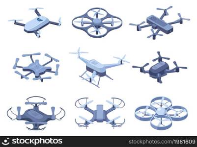 Isometric drones, flying quadcopter with remote controllers. Remote control, unmanned aerial drones vector illustration set. Electronic quadcopters. Drone unmanned, robot helicopter. Isometric drones, flying quadcopter with remote controllers. Remote control, unmanned aerial drones vector illustration set. Electronic quadcopters
