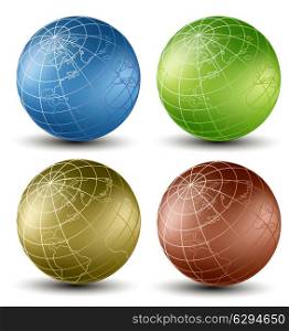 Isometric earth globes set different colors on a white background