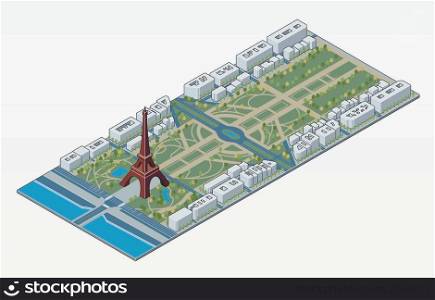Isometric Eiffel tower and Champ de Mars in Paris
