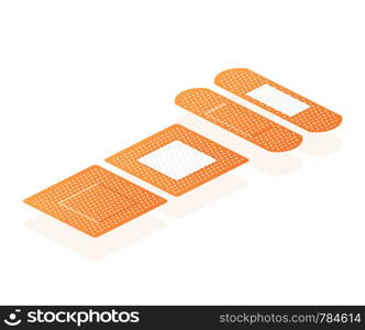 Isometric elastic medical plasters. Adhesive bandage, called a sticking plaster collection. Vector stock illustration.