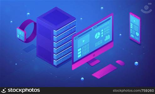 Isometric electronic devices in blue violet palette. Computer, smartphone, smartwatch and server as a concept of data synchronization, consistency and Public Key Servers. Vector 3d illustration.. Isometric data synchronization concept.