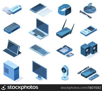 Isometric electronic technology 3d wireless gadget devices. Network technology equipment, laptop, smartphone, smart watch vector illustration set. Wireless isometric gadgets, multimedia innovations. Isometric electronic technology 3d wireless gadget devices. Network technology equipment, laptop, smartphone, smart watch vector illustration set. Wireless isometric gadgets