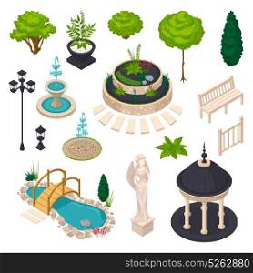 Isometric Elements For City Landscape Constructor. Isometric elements for city landscape constructor with bench gazebo statue streetlight flowerbed lake trees and bushes isolated vector illustration