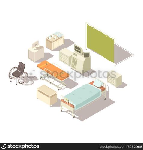 Isometric Elements Of Hospital Interior. Isolated isometric elements of hospital interior with diagnostic equipment and furniture for patients flat vector illustration