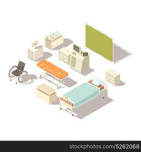 Isometric Elements Of Hospital Interior. Isolated isometric elements of hospital interior with diagnostic equipment and furniture for patients flat vector illustration