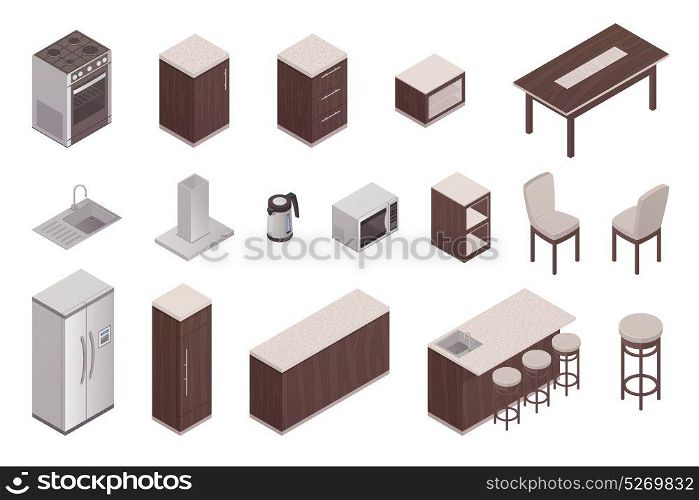 Isometric Elements Of Kitchen Interior . Isolated isometric elements of kitchen interior with refrigerator table oven microwave washer ventilation unit 3d vector illustration
