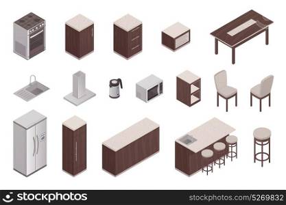 Isometric Elements Of Kitchen Interior . Isolated isometric elements of kitchen interior with refrigerator table oven microwave washer ventilation unit 3d vector illustration