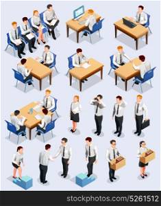 Isometric Employment Interview Collection. Recruitment isometric people set of isolated human characters during job interview and group assessment in office vector illustration