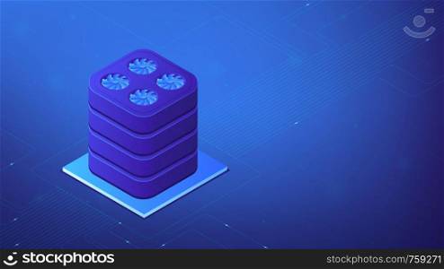 Isometric enterprise data warehouse system concept. Reporting, analysis, business intelligence tools, data mart and data integration in blue violet palette. Vector 3d illustration.. Isometric data warehouse illustration.
