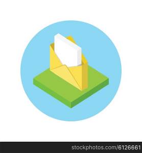 Isometric envelope yellow open design flat. 3D envelope and letter, envelope icon, mail and open envelope, envelope template, invitation envelope, open or close envelope vector illustration