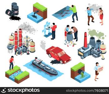 Isometric environmental pollution water ecology set with isolated icons images of waste bins plants and people vector illustration