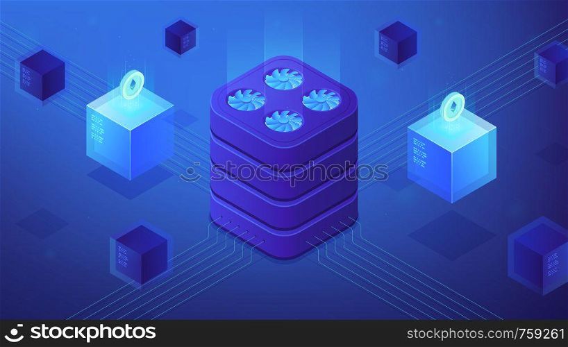Isometric Etherium platform. Cyptographically secure, decentralized, tamper proof network. Etherium mining and decentralized application development concept on blue violet background. Vector. Etherium platform concept. Vector illustration