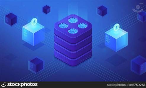 Isometric Etherium platform. Cyptographically secure, decentralized, tamper proof network. Etherium mining and decentralized application development concept on blue violet background. Vector. Etherium platform concept. Vector illustration
