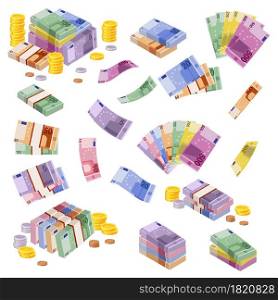 Isometric euro banknotes. Cash money. Various euros paper bundles and coins. 3D financial awards. European currency collection. Isolated economic profits. Vector finance savings and investments set. Isometric euro banknotes. Cash money. Various euros bundles and coins. 3D financial awards. European currency collection. Economic profits. Vector finance savings and investments set