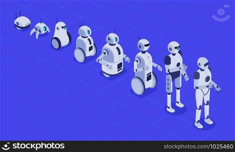 Isometric evolution of robots. Progress in robotics, futuristic robotic machines and robot android development 3D vector illustration