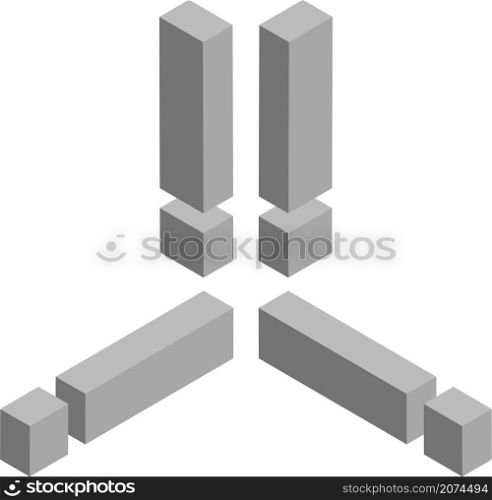 Isometric exclamation mark symbol. Template for creating logos, emblems, monograms. Black and white. 3D art symbol illustration