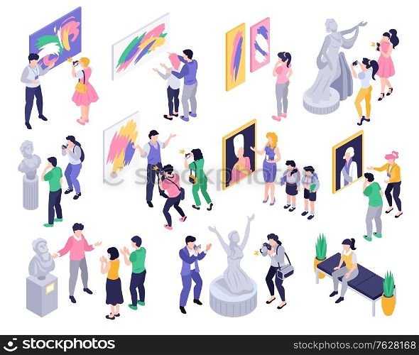 Isometric exhibition art gallery set with isolated icons and images of paintings statues with artist curator vector illustration