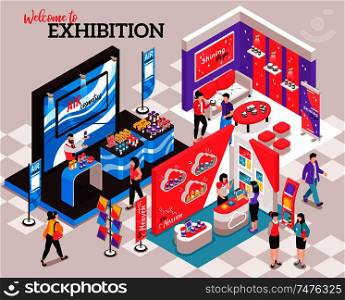 Isometric expo stand composition with ornate text and view of exhibition venue with colourful decorated spots vector illustration