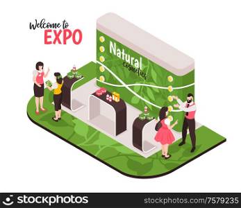 Isometric expo stand composition with people characters on exhibition booth and tables with natural cosmetic products vector illustration