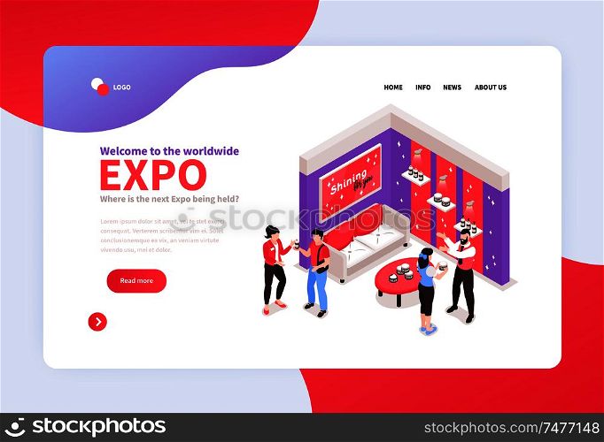 Isometric expo stand concept banner for web site landing page with exhibition booth design and links vector illustration