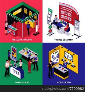 Isometric expo stand exhibition design concept with images of different exhibit booth with ads and human characters vector illustration. Expo Stand Design Concept