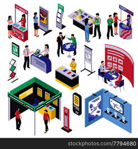 Isometric expo stand trade show exhibition set of isolated exhibit racks stands booth elements and people vector illustration. Expo Show Elements Collection