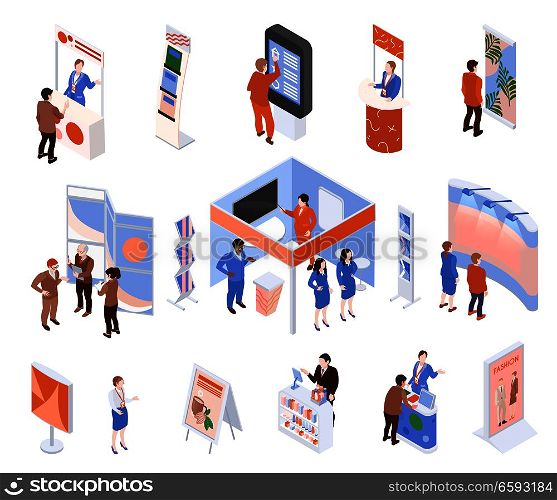 Isometric expo trade exhibition set with people looking at promotional stands isolated on white background 3d vector illustration. Isometric Exhibition Set