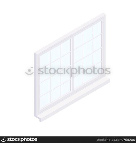 Isometric facade window frame isolated on white background. Lattice square window vector cartoon illustration.. Isometric facade square window frame illustration.
