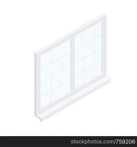 Isometric facade window frame isolated on white background. Lattice square window vector cartoon illustration.. Isometric facade square window frame illustration.