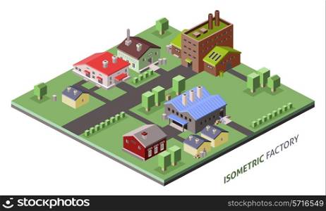 Isometric factory concept with industrial plants and warehouse buildings vector illustration