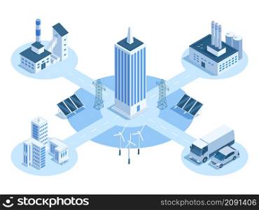 Isometric factory industrial facilities, buildings complex. Industrial plant electricity resource supply and communication system vector illustration. Factory buildings grid. Solar panels and windmill. Isometric factory industrial facilities, buildings complex. Industrial plant electricity resource supply and communication system vector illustration. Factory buildings grid