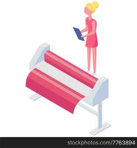 Isometric factory printer. Girl working with equipment isolated on white background. Office or production technique. Installation for printing. Technique, printer, printing machine vector illustration. Isometric factory printer. Girl working with equipment. Installation for printing colored papers