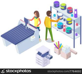 Isometric factory printer. People working with equipment and shelving with paints. Office or production technique. Technology for printing. Technique, printer, printing machine vector illustration. People working with equipment and shelving with paints. Office technique vector illustration