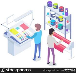 Isometric factory printer. People working with equipment and shelving with paints. Office or production technique. Technology for printing. Technique, printer, printing machine vector illustration. People working with equipment and shelving with paints. Office technique vector illustration