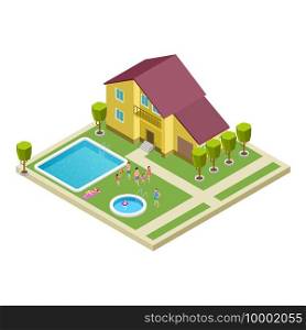 Isometric family country hotel vector location. Illustration family rest near pool 3d. Isometric family resting in country hotel vector location