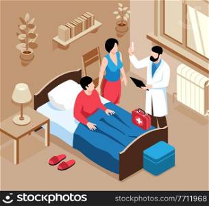 Isometric family doctor composition with indoor scenery of home bedroom with medical specialist and medicine box vector illustration. Home Doctor Isometric Composition