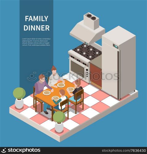 Isometric family leisure playing composition with family dinner headline and four people sitting at dining table vector illustration