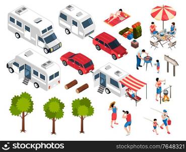 Isometric family trip camper set of isolated icons human characters and images of cars camper vans vector illustration