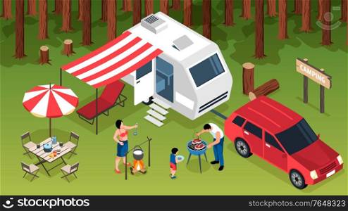 Isometric family trip horizontal composition with outdoor forest scenery camper van and family members making barbecue vector illustration